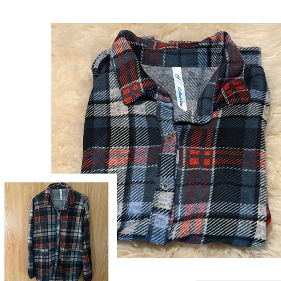 NY Collection Soft Stretch Knit Career Red/ Black Plaid Button Down Shirt Jacket - Picture 1 of 6